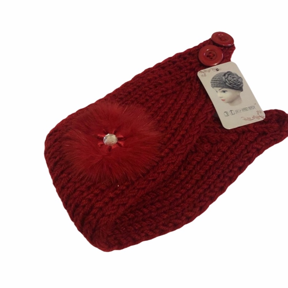 Red Cable Knit Winter Headband Genuine Fur & Diamond Deta…
